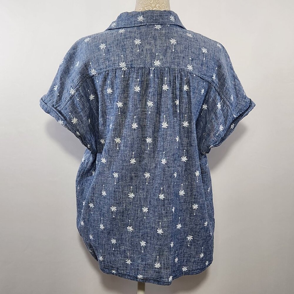 Old Navy Women's Large Denim Linen Blend Palm Tree Button-Down Tie-Front Shirt - Picture 11 of 16